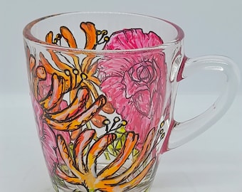 June birth flowers hand painted glass mug, roses ad honeysuckle,  June birthday gift, birth flower gift,gift for her, coffee lover,tea lover