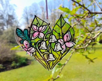 May birth flower sun catcher,love heart sun catcher, lily of the valley and Common hawthorn gift,may birth flower gift, may birth flower art