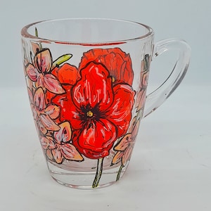 August birth flowers glass hand painted mug, poppy and gladiolus,  August birthday gift, birth flower gift, hand painted mug, gift for her