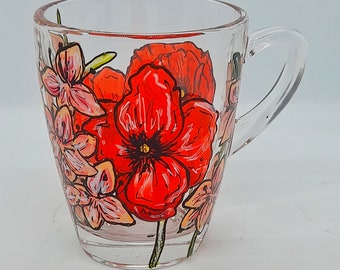 August birth flowers glass hand painted mug, poppy and gladiolus,  August birthday gift, birth flower gift, hand painted mug, gift for her