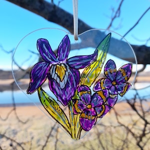 February birth flowers glass sun catcher, iris and violets birth flower gift, February birth flower gift, letterbox gift, glass art,gift box