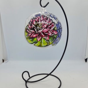July birth flower glass hanging tealight holder with stand,  water lily and Lakspur,  July birth flowers, birth flower gift, mother&#39;s day