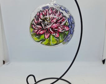 July birth flower glass hanging tealight holder with stand,  water lily and Lakspur,  July birth flowers, birth flower gift, mother's day