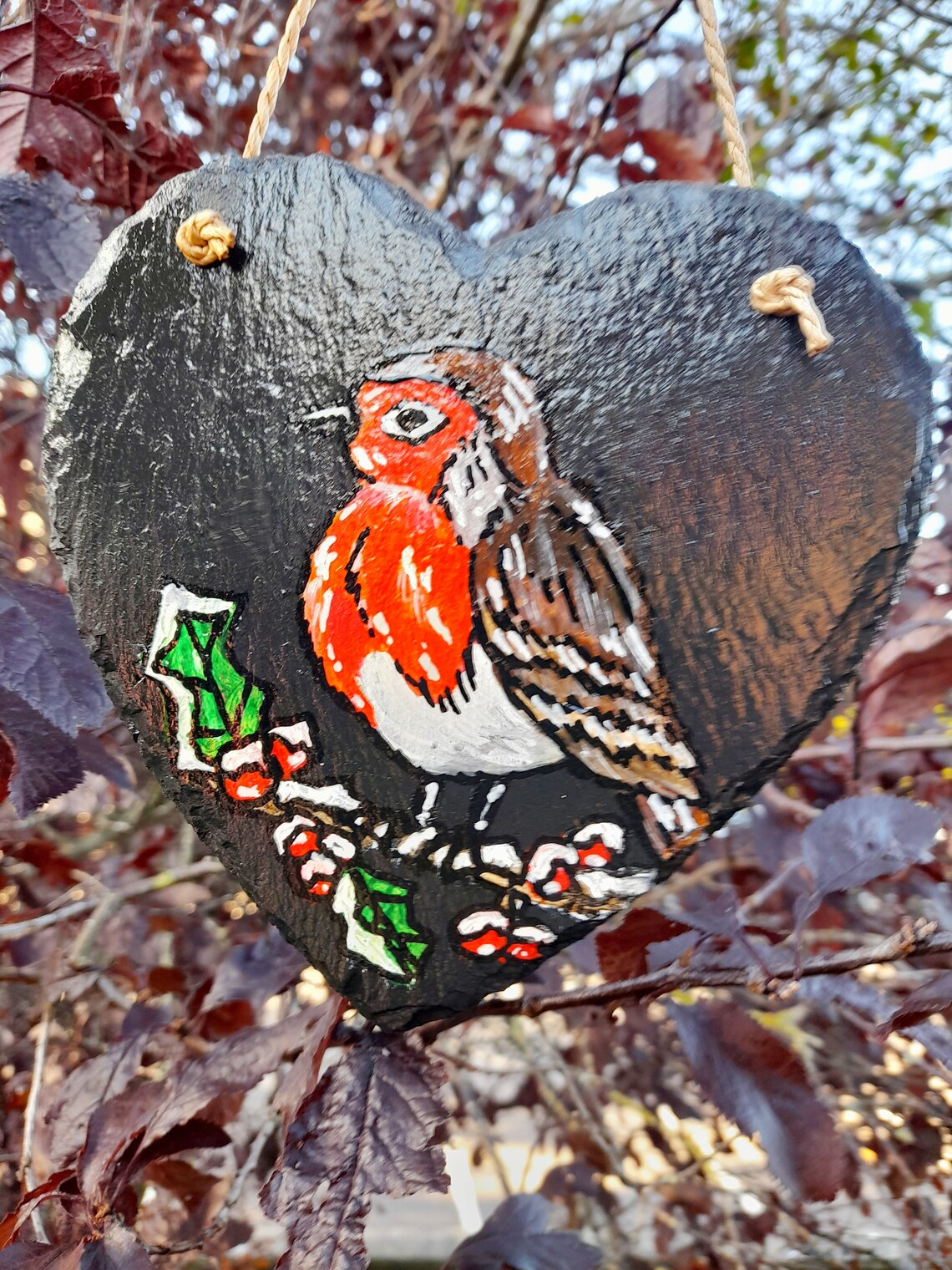 Robin Slate Hand Painted Robin Slate Heart, Xmas Robin, Xmas Gift, Memorial Gift ...