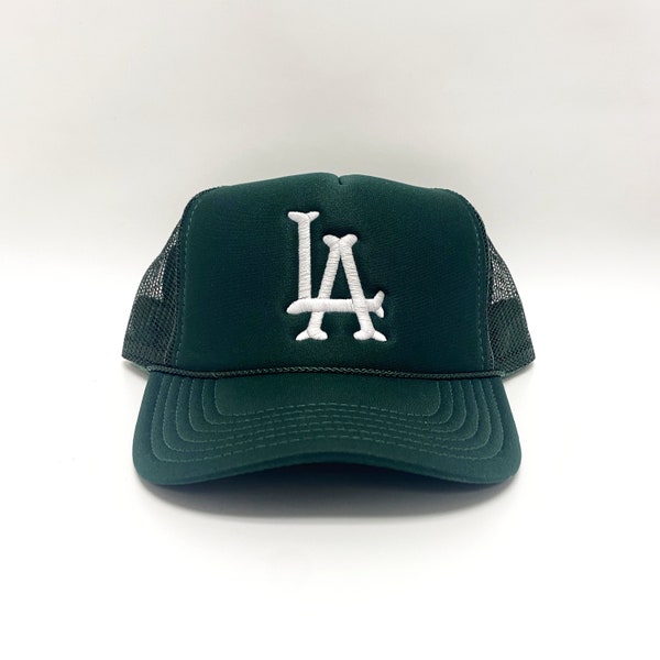 LA Bones Trucker Hat Los Angeles Baseball Hat Cap LA Snapback Forest Green