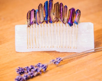 Natural Raw Cobalt Purple Blue Titanium Aura Quartz Crystal Gold Comb Bridal Hair Crown Accessories