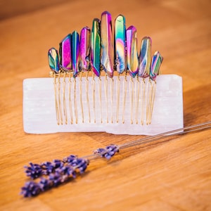 Natural Raw Rainbow Titanium Aura Quartz Crystal Gold Comb Bridal Hair Crown Accessories image 1