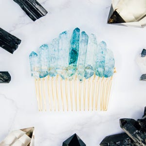 Blue Quartz Crystal Crown Natural Raw Frozen Ice Princess Gold Comb Bridal Hair Accessories