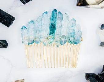 Blue Quartz Crystal Crown Natural Raw Frozen Ice Princess Gold Comb Bridal Hair Accessories