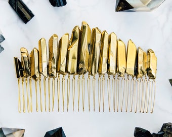 Large Crystal Crown Raw Natural Gold Stone Aura Quartz Comb Bridal Hair Clip Accessories
