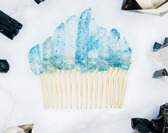 Blue Quartz Crystal Crown Natural Raw Frozen Ice Princess Gold Comb Bridal Hair Accessories