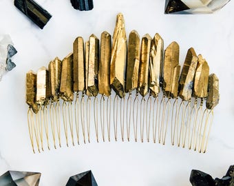 Large Crystal Crown Raw Natural Matte Gold Stone Aura Quartz Comb Bridal Hair Clip Accessories