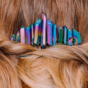 Natural Raw Rainbow Titanium Aura Quartz Crystal Gold Comb Bridal Hair Crown Accessories image 4