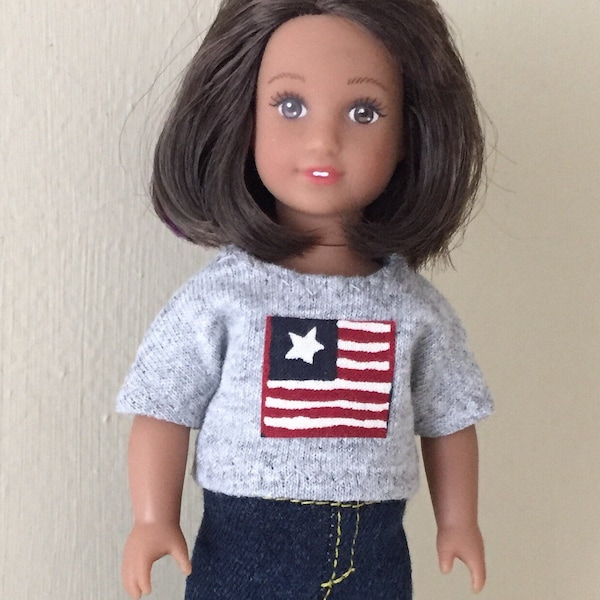 6 inch mini doll clothes: tee shirt with flag and denim jeans