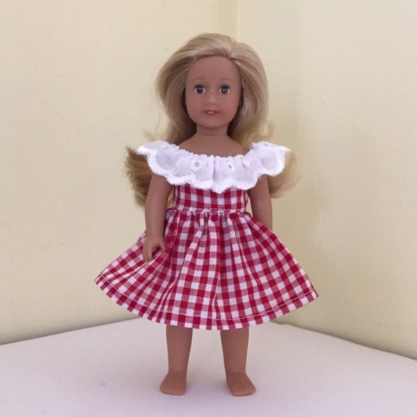 6" mini doll clothes: red gingham sundress with eyelet lace trim