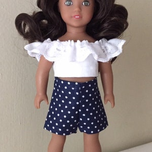 Six inch mini doll clothes: white ruffle top and polka dot shorts