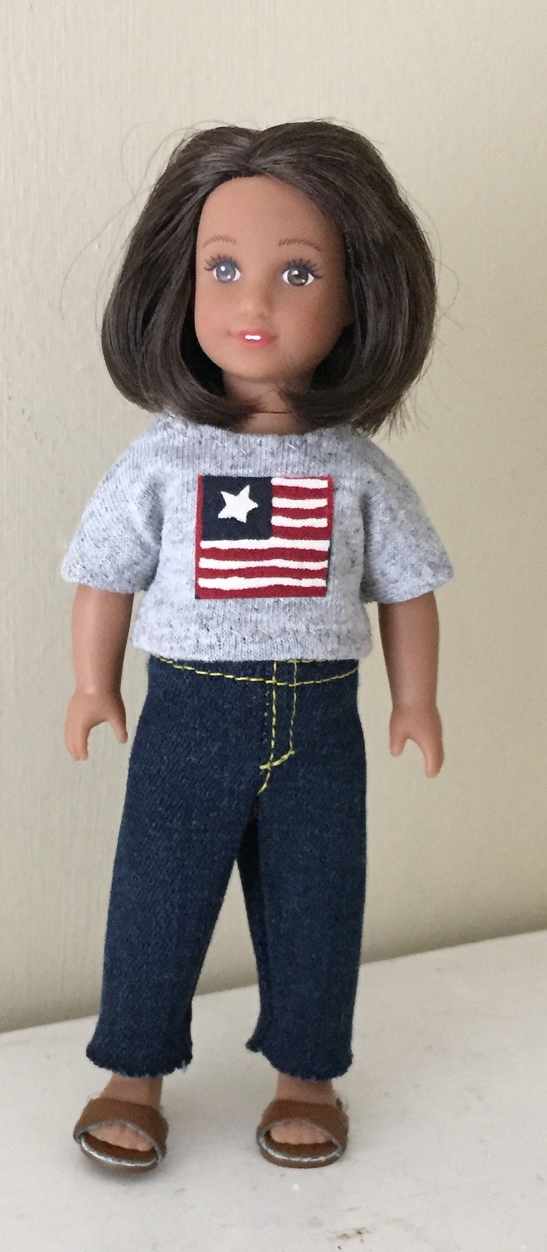 6 inch mini doll clothes: tee shirt with flag and denim jeans 画像 5