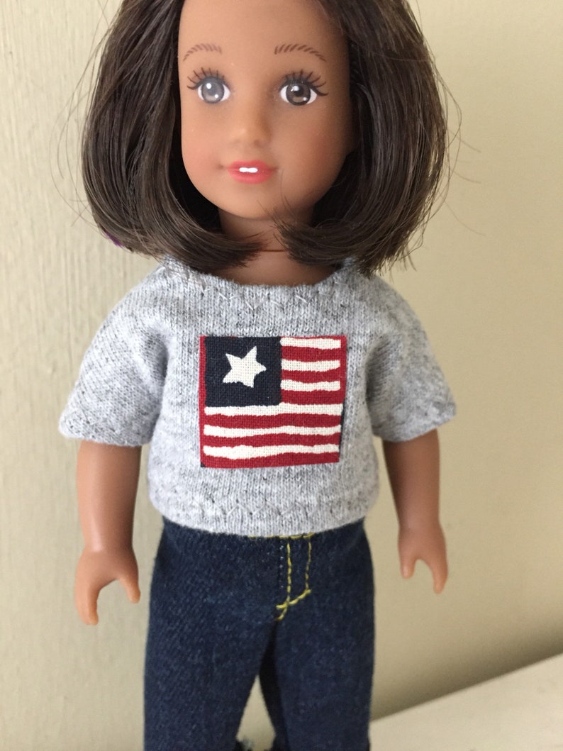 6 inch mini doll clothes: tee shirt with flag and denim jeans 画像 3
