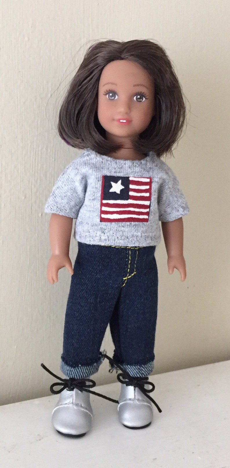 6 inch mini doll clothes: tee shirt with flag and denim jeans 画像 1