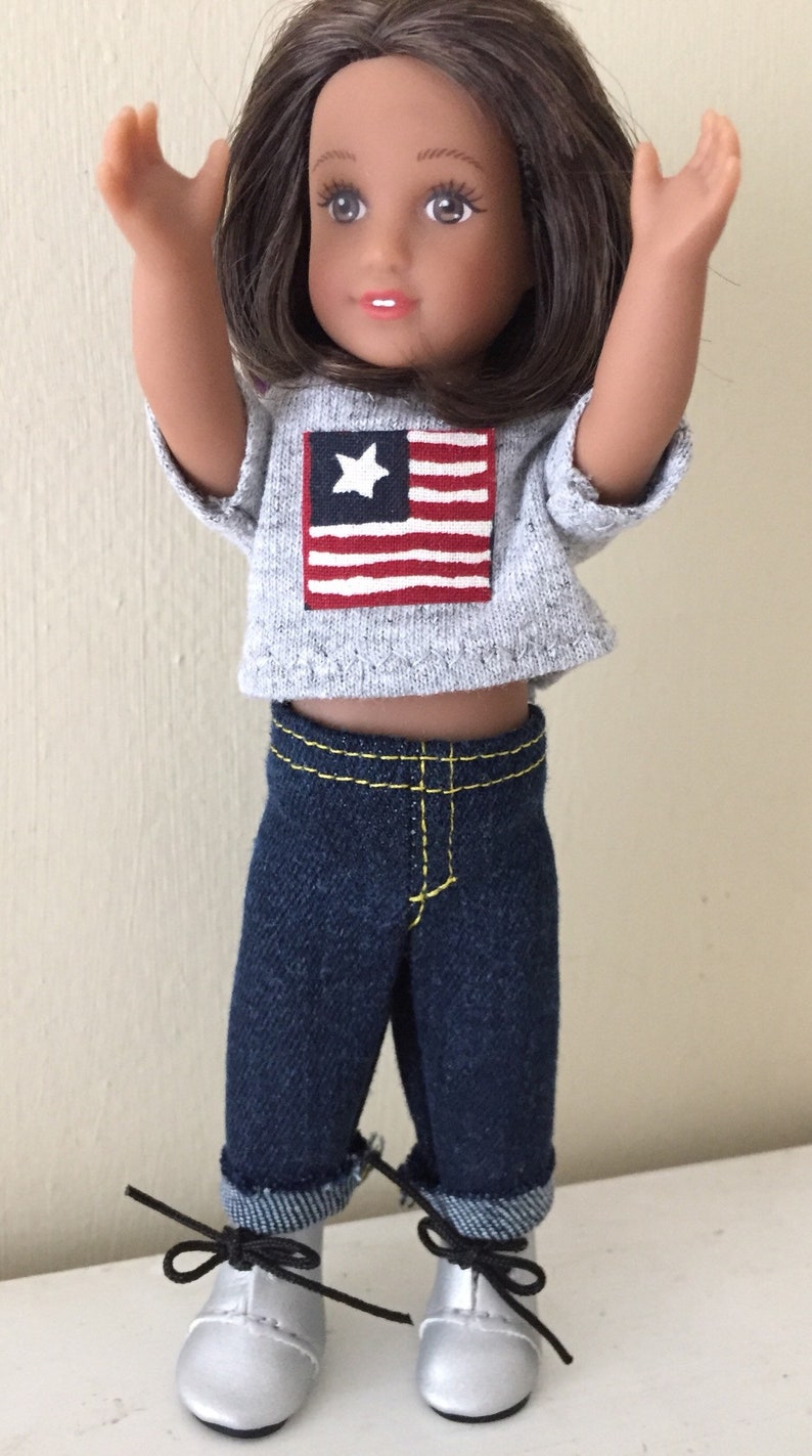 6 inch mini doll clothes: tee shirt with flag and denim jeans 画像 2