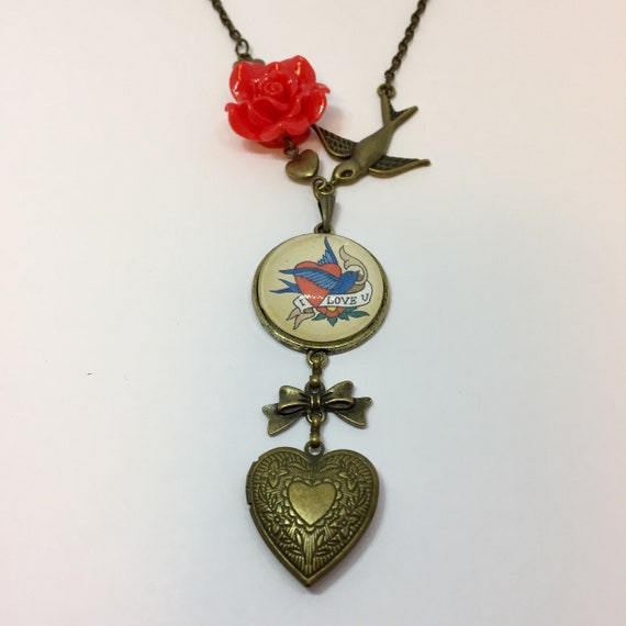 Vintage cabochon verre collier argent noir bronze Pendentifs ( Baltimore Carte