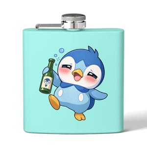 May include: A light mint green metal flask with a silver screw-top lid. The front features a cartoon illustration of a blue penguin with rosy cheeks, holding a green bottle with a small penguin icon on the label, appearing to be intoxicated.