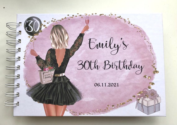 Personalised A5 BIRTHDAY 18th 21st 30th 40th 50th 60th Guest Book Photo  Book Scrapbook 20 Pages Hairstyle Colour Options Black Dress 