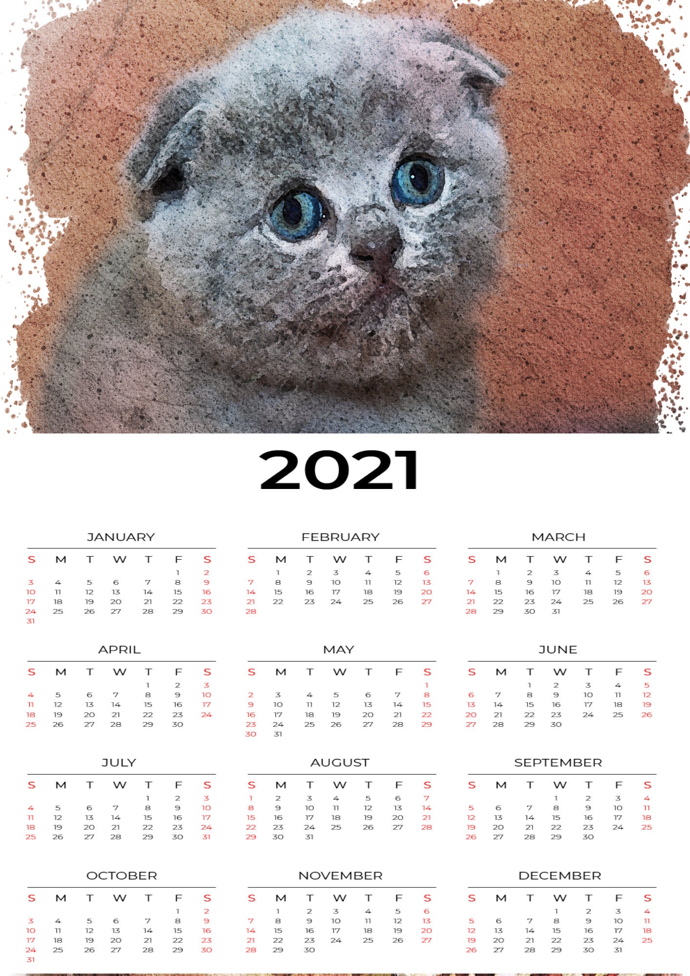 Printable Cat Calendar One Page Calendar Wall Calendar | Etsy