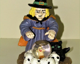 hand painted halloween witch snow globe with bats black cat skulls pumpkin ghost