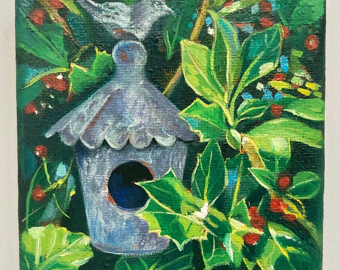 Birdhouse in Holly - oil on canvas