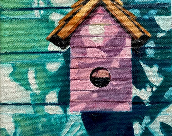 Pink Birdhouse and Shadows oil on canvas