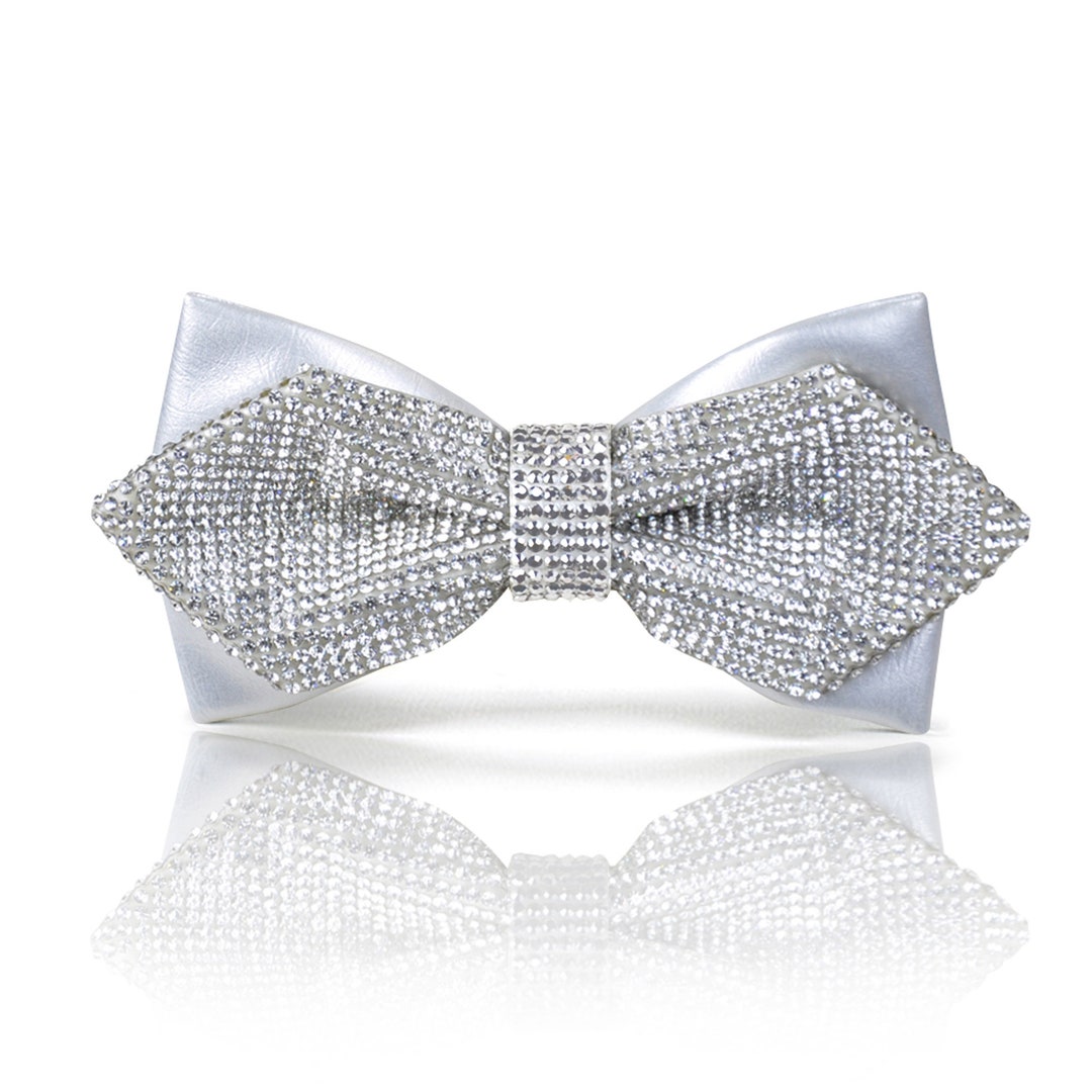 Silver Bow Tie for Men White Crystal Bow Tie Silver and White Rhinestones Bow Tie Groom Wedding