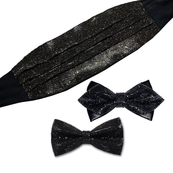 Black Crystal bow tie | Black Cummerbund|  Black Rhinestones pre-tied bow tie | for Prom party formal event | CK Bow tie