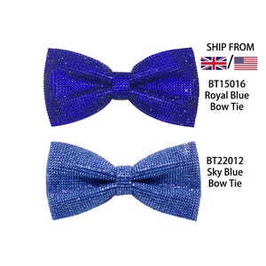 Könnte beinhalten: Zwei Fliegen, eine royalblau und eine himmelblau, beide aus funkelnden Strasssteinen. Die Fliegen befinden sich auf einem weißen Hintergrund.