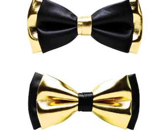 MENDENG Men's Pre-Tied Bow Tie – Gold Metal & PU Leather, Adjustable, Formal Wedding & Party Accessory