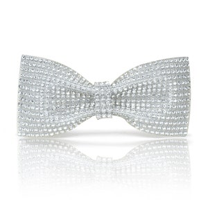 White crystal bow tie for men | Narrow Korean style pre tied bow tie | White Rhinestones | Silver shinny bow tie