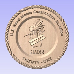 May include: A wooden plaque with a rope border and the text "U.S. Naval Mobile Construction Battalion TWENTY-ONE" and a stylised image of a bee holding a paint sprayer.