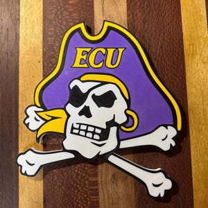 May include: A pirate skull logo with a purple hat and yellow accents. The word "ECU" is displayed in yellow on the hat. The skull has black eye patches and a gold earring. The design includes crossed bones.