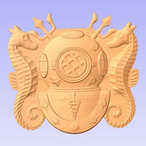 May include: A wooden carving of a diving helmet with two seahorses on either side. The helmet has a round window and a medical symbol on the bottom.