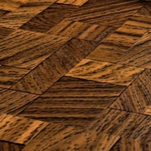 May include: Close-up of a wood floor with a parquet pattern. The floor is made of dark brown and light brown wood planks arranged in a geometric pattern.