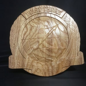 Może przedstawiać: Drewniana tabliczka z rzeźbą globusa z błyskawicą i gwiazdą. Tekst "FIRST THERE" jest wyrzeźbiony nad globusem, a "U.S.A.F. COMBAT CONTROL" pod globusem.