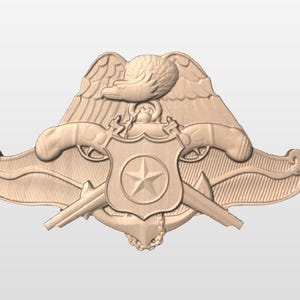 May include: A wooden relief carving of a badge featuring an eagle with outstretched wings above a shield with a star. Two crossed pistols are below the shield, and the design has a light brown color.