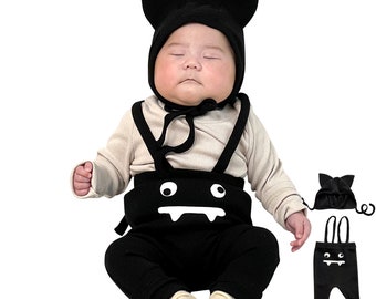 ORGABOO Newborn Baby Halloween Costume 2 Set: Pumpkin, Ghost and Bat Overall Style Leggings & Hat, Infant Outfit