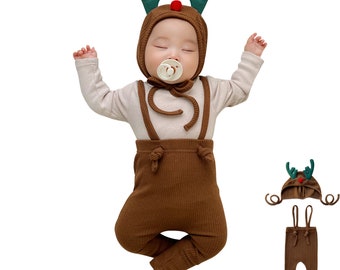 Orgaboo Baby Christmas Costume Set 0-18 Months Rudolph & Elf. Hat and Strapped Pants Stretchable Cotton Perfect Outfit