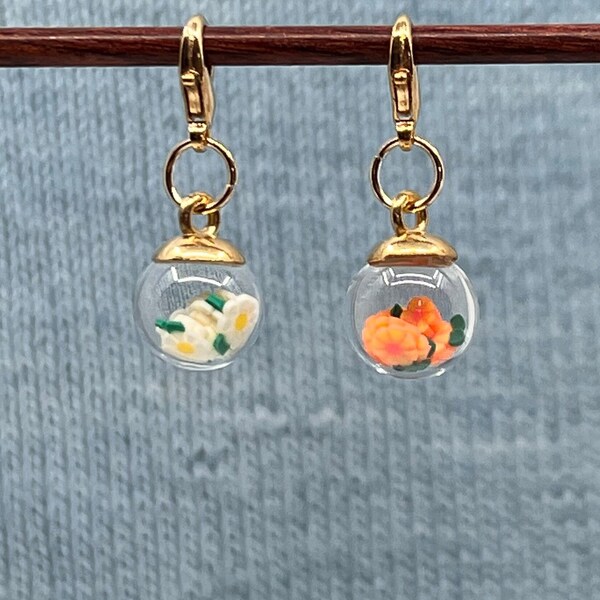 Flower-Filled Glass Globe Stitch Markers, Progress Keepers, Earrings