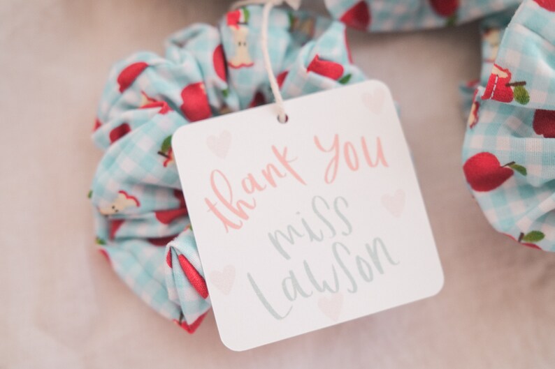 May include: A white card with the text "thank you miss Lawson" in pink and gray lettering with small pink hearts. The card is attached to a blue and white scrunchie with red apples printed on it.