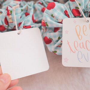 May include: A white card with the text "best teacher ever" in colorful script, tied with a white string to a blue and white gingham hair scrunchie with red apple print.