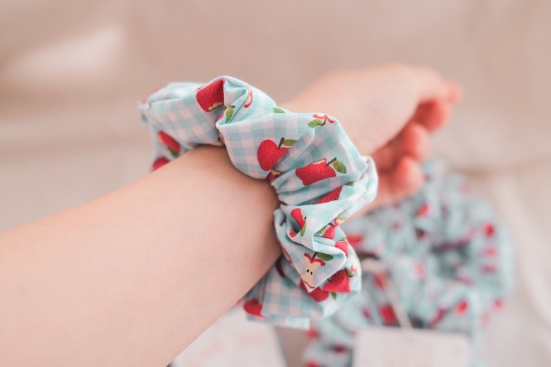 May include: A blue and white gingham hair scrunchie with red apple print.