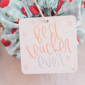 May include: A white card with the text "Best Teacher Ever" in colorful script. The card is tied with a white string to a blue and white gingham fabric scrunchie with red apple print.