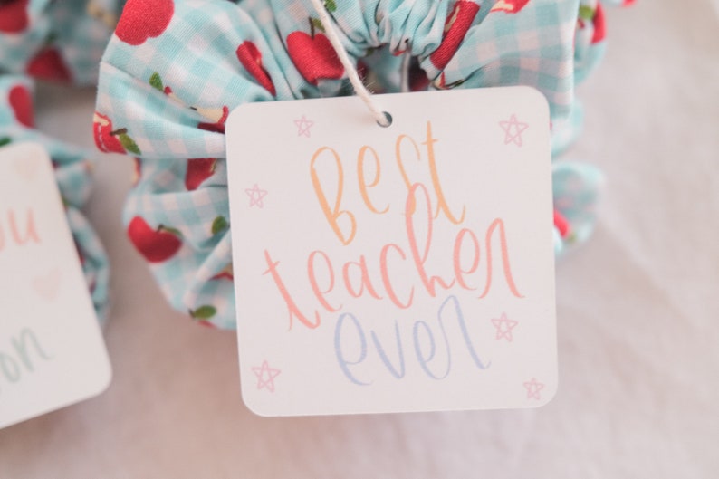 May include: A white card with the text "Best Teacher Ever" in colorful script. The card is tied with a white string to a blue and white gingham fabric scrunchie with red apple print.